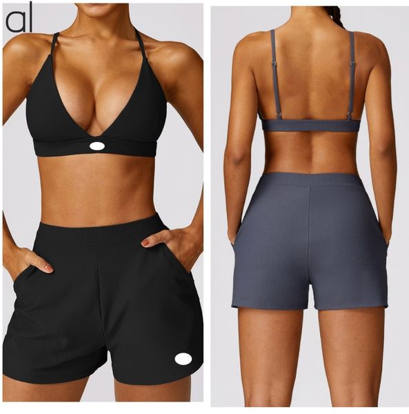 

AL-0056 Fitness Suit Female Sexy Wearing Tight Sports Bra Threaded Joker Quick-drying Yoga Running Fitness Shorts Set, Black shorts