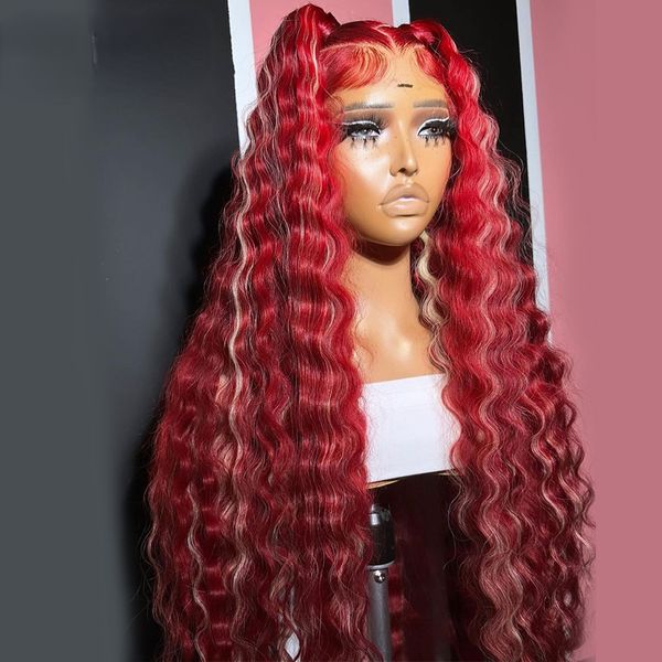 

Highlights Red Blonde Colored HD Lace Human Hair Wig Body Wave 180% Density Pre-plucked 13x4 Lace Frontal Wig Synthetic for Black Women, Light brown