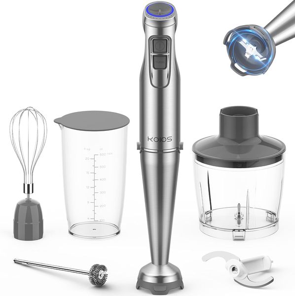 KOIOS 1100W Immersion Hand Blender, Stainless Steel Stick Blender with 12-Speed & Turbo Mode, 5-in-1 Handheld Blender with 600ml Mixing Beaker with Lid, 500ml Chopper.
KOIOS 1100W Immersion Hand Blender, Stainless Steel Stick Blender with 12-Speed & Turbo Mode, 5-in-1 Handheld Blender with 600ml Mixing Beaker with Lid, 500ml Chopper.