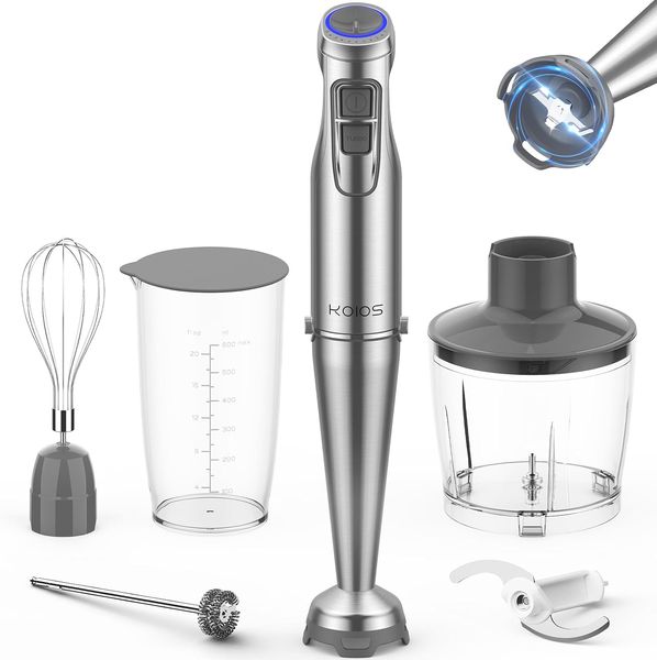 

KOIOS 1100W Immersion Hand Blender, Stainless Steel Stick Blender with 12-Speed & Turbo Mode, 5-in-1 Handheld Blender with 600ml Mixing Beaker with Lid, 500ml Chopper.