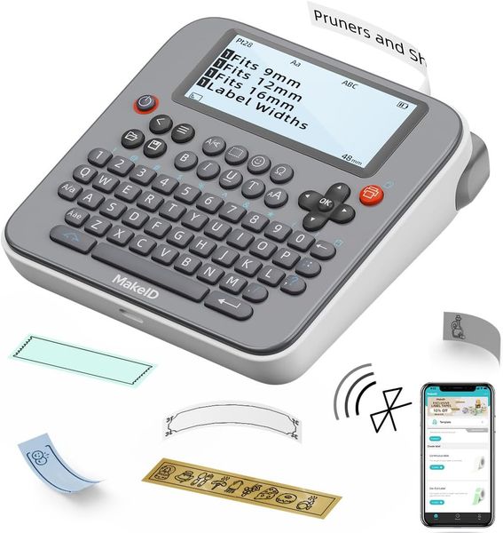 

Makeid Label Maker E1 - Bluetooth Rechargeable Label Maker Machine - QWERTY Keyboard Labeler, 3.4" Backlighting LCD Screen - Prints 9~12mm & Label Margin <=1mm