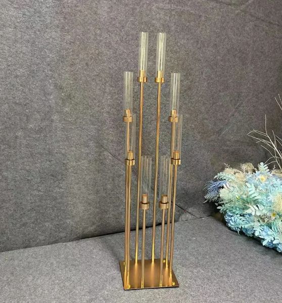 8 Heads Metal Candelabra Candle Holders Road Lead Table Centerpiece Gold Candelabrum Stand Pillar Candlestick weddin XJ260305