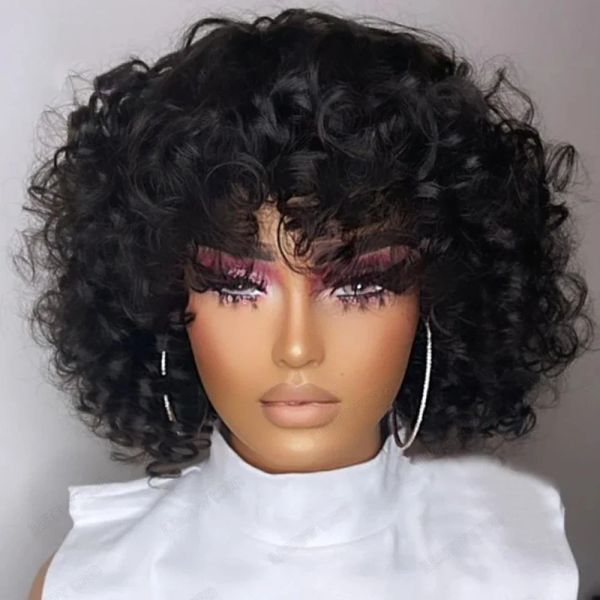 

Short Curly Bob Wig Human Hair with Bangs Wear and Go Glueless Bouncy Curly Wigs Full Lace Front Wigs Synthetic for Women, Light brown