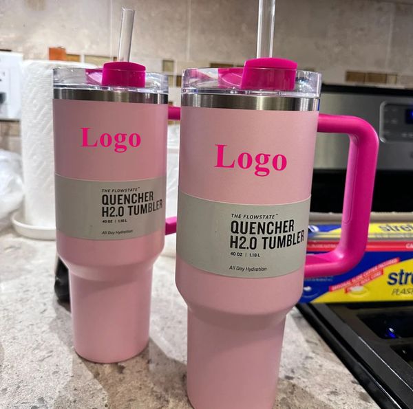 

With 1:1 Logo Pink Flamingo 40oz Quencher H2.0 Coffee Mugs Cups outdoor Watermelon Moonshine travel Car cup Stainless Steel Tumblers with Silicone handle 0128, Multi-color