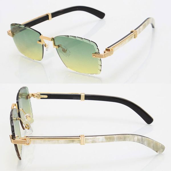 Luxury diamond cut lens Rimless Mens Sunglasses Large Square Designer 03770 Original Black and White Buffalo horn Sun Glasses Frames Size 60-21-145MM