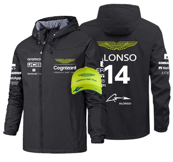 

New Mens Jackets for Men Aston Martin Team Uniform No. 14 Alonso Supporter Biker Bomber Jacket Formula One Racing Suit Moto Windproof Top Windbreakers give away hat, Blue