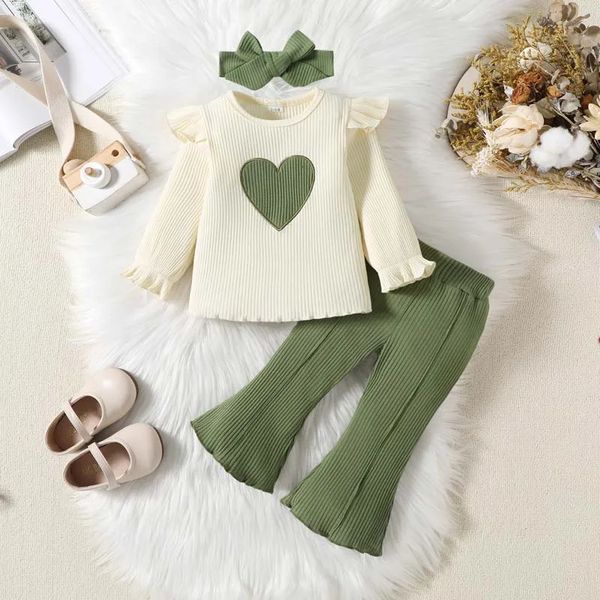 

3PCS Kids Girl Fall Outfits Solid Color Ribbed Ruffles Crew Neck Flare Long Sleeve Tops and Corduroy Pants Clothes Set 018M 240118, Ivory