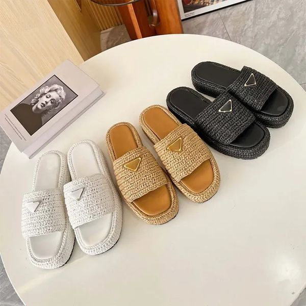 Crochet Flatform Slides Designer Womens Raffia Slipper Metal Triangle Logo Luxu…