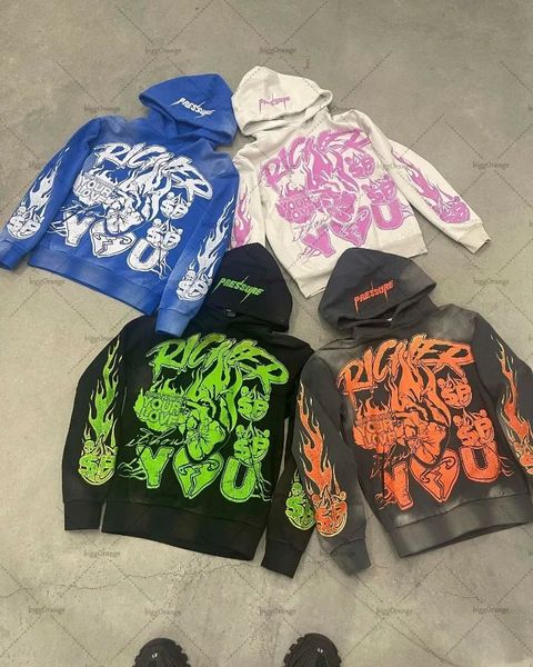 Geometric pattern colourful letters Gothic print casual hoodies for men y2k high street hip hop fashion pullover for men