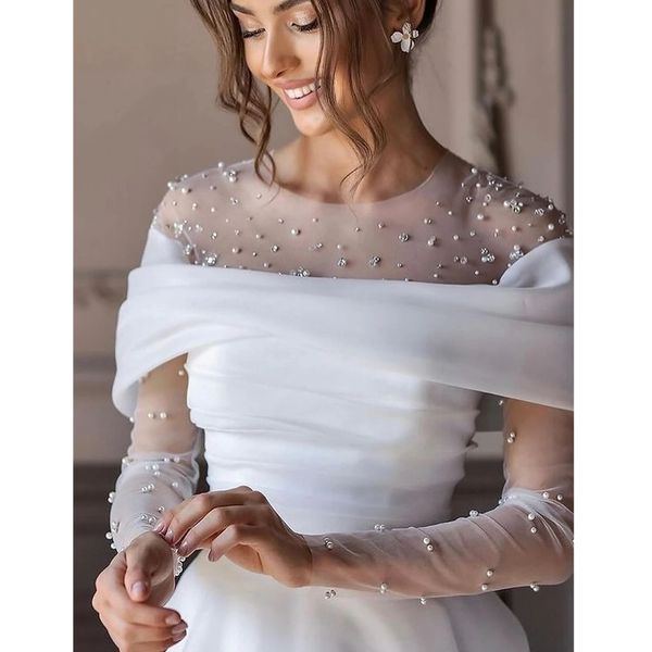 Vintage White Wedding Dresses Long Sleeves A Line Ruched Pearls Bridal Gowns Custom Made Plus Size
