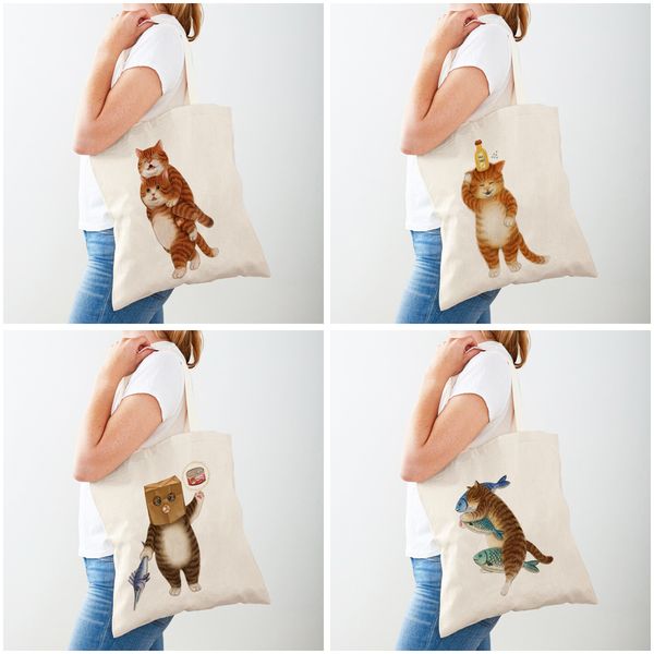 Funny Cartoon Cat Lady Shopping Shoulder Bag Both Sided Print Fashion Pet Animal Travel Tote for Women Student Handbag