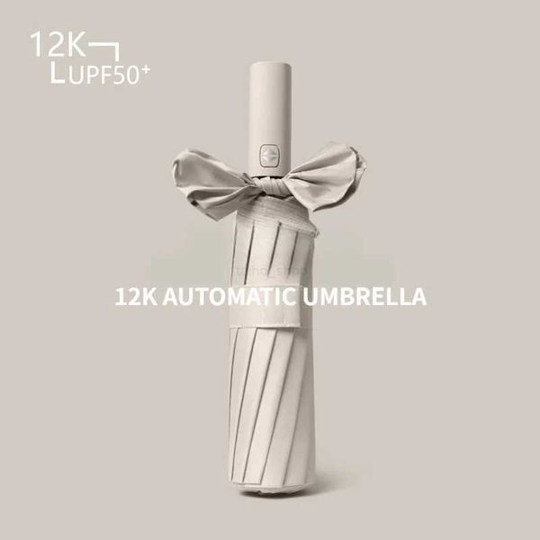 12 Bone Black Glue Fully Automatic Umbrella With Thick And Durable Keel Three Fold Umbrella UV Resistant Folding UmbrellaXJ240806