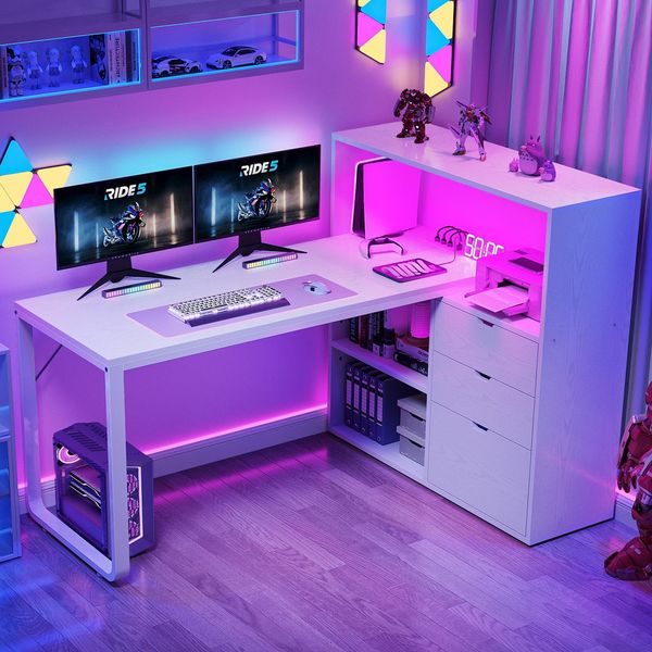 L Shaped Drawers Corner Computer Boohelf Power Outlets LED Lights Home Office Desk with Storage Shees White z006
L Shaped Drawers Corner Computer Boohelf Power Outlets LED Lights Home Office Desk with Storage Shees White z006