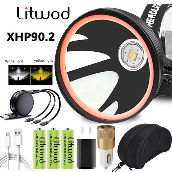 White Yellow Color Led Headlamp Xhp90.2Headlight Head Lamp Flashlight Torch 32W Bulbs 3* 18650 Battery Power Bank 7800mah LightCL240807
