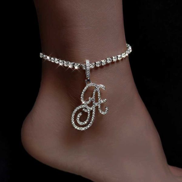 Anklets Iced Out Tennis Chain Anklet with Cursive Letter Hip Hop Crystal a z Initials Zircon Pendant Bracelet for Women Jewellery 230607