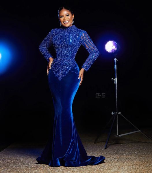 Royal Blue Aso Ebi Mermaid Long Sleeves Velvet Beaded Arabic Prom Dresses Formal Party Second Reception Birthday Engagement Evening Gowns Dresses Robe De Soiree