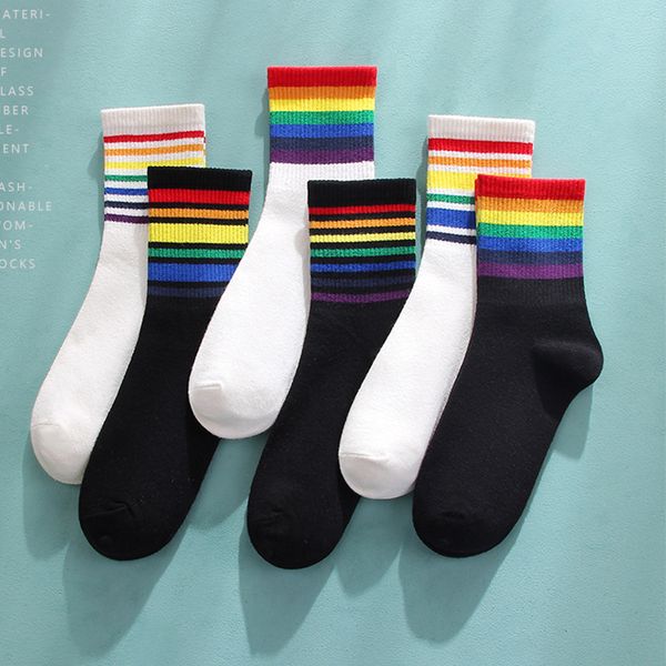 Socks for children mid tube rainbow socks cotton socks INS internet famous Korean version black and white pile stockings trendy summer stripes autumn and winter