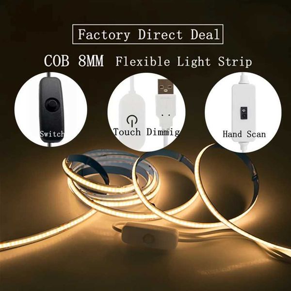 Touch Dimmable USB LED Strip Light 5V 320LEDs/M COB Touch Sensor Lamp Tape DIY TV Mirror Backlight Kitchen Room Night Lighting CL240815
