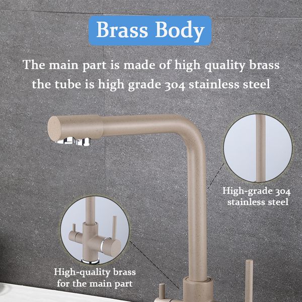 Kitchen faucet copper body stainless steel faucet hot and cold water faucet pure water faucet 360 degree swivel beige spray paint punches 
Kitchen faucet copper body stainless steel faucet hot and cold water faucet pure water faucet 360 degree swivel beige spray paint punches