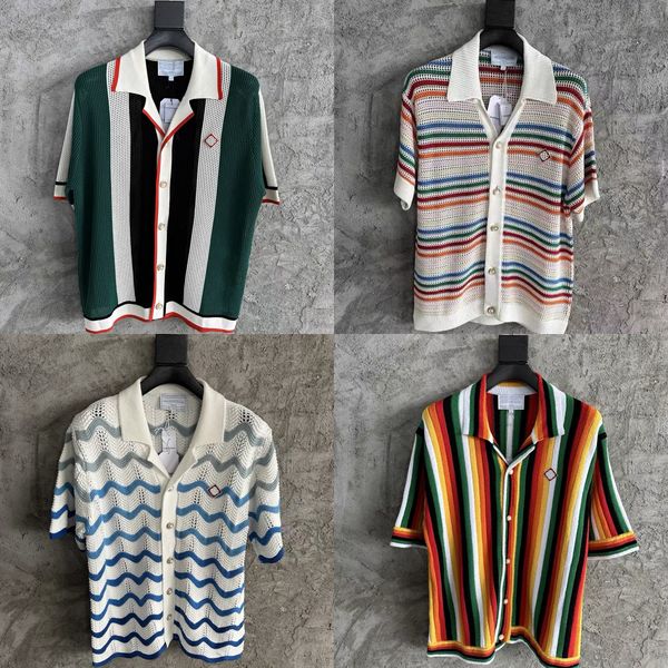 25ss Casabalnc High Quality Men Designer Knitted Sweater Coat New Breathable Mesh Hollow Leisure Lapel Button Summer Thin Loose Short Sleeve Knit Cardigan Shirt Top