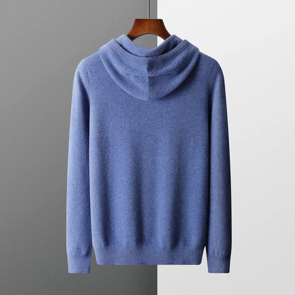 Mens Pullover 100 wool cashmere sweater solid color knitted casual long sleeved mens pure hooded w240821