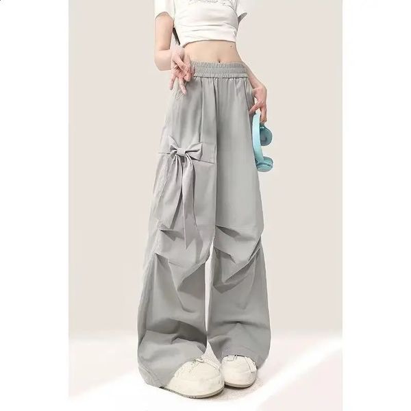 Grey Bow Elastic Waist Casual Summer Pants for Women American Street Trend Cute Loose Wide Leg Straight Y2k Korean Trousers 0821 X260114
