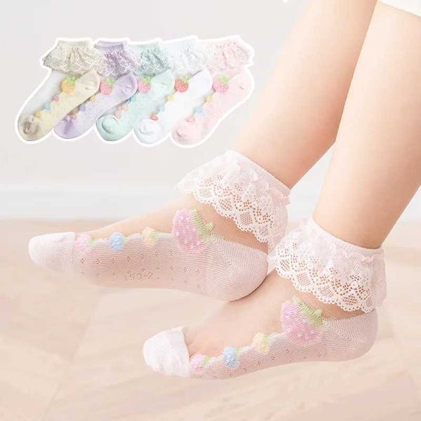 5 Pairs/set 2022 New Summer Thin Mesh Cotton Silk Socks Princess Lace Ruffle Frilly Solid White Ankle Socks for Children Girls Y240823