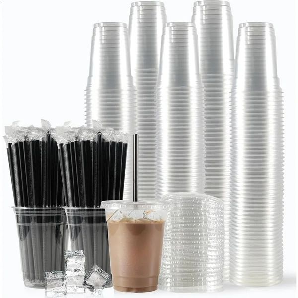 Plastic cups with lids and stripes disposable cups for iced coffee smoothies milkshakes and cold drinks 240826