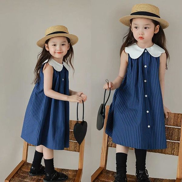 Girls' Summer Korean Style Dress with Big Collar and Dark Stripes for Kids - 2024, Blue
Girls' Summer Korean Style Dress with Big Collar and Dark Stripes for Kids - 2024, Blue