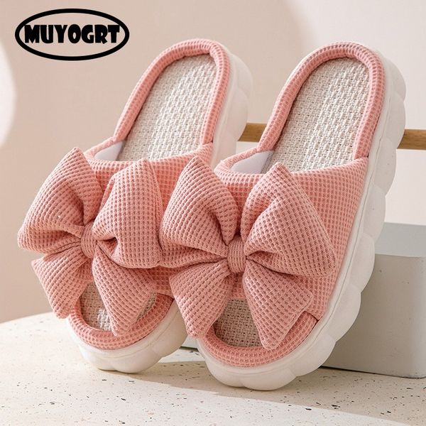 Spring Summer Bowknot Slippers For Women Kawaii Home Slippers Light Ladies Flip Flops Shoes Woman Thick Sole Flat Linen Sandals
