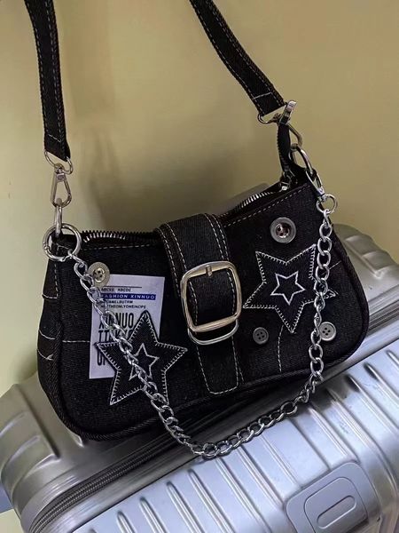 Trendy Y2k Womens Handbags Star Pattern Cool Underarm Bag Fashion Canvas Female Small Shoulder Bags Chain Tote Purses 240830