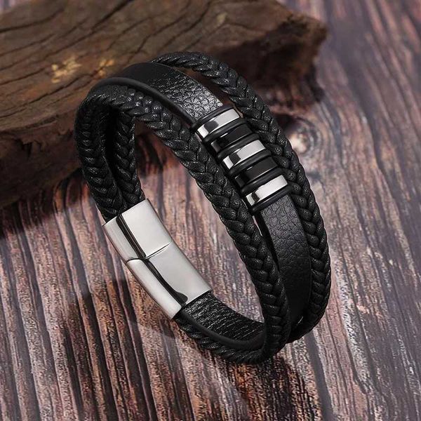European and American popular stainless steel leather bracelet mens multi-layer woven leather bracelet W240830