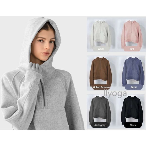 

Yoga LL Suit Hoodies SCA Oversized Half-zip Hoodie Cropped Sweat Jacket Thick Loose with Fleece Warm Outdoor Running Windproof Sweatshirts(embroidery ), Apricot