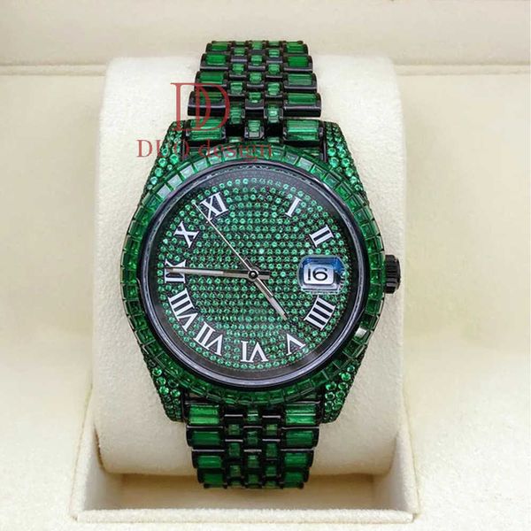

2024 New Custom Bling Full Diamond Watch VVS Moissanite Hip Hop Iced Out Stainless Steel Mechanical Watches, Green
