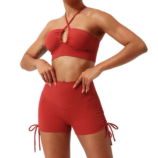 

LU-09 Quick Dried Yoga Set with Hollow Thin Belt Beautiful Back Fitness Suit with Drawstring Hip Lifting Sports Tripartite Pants, Red