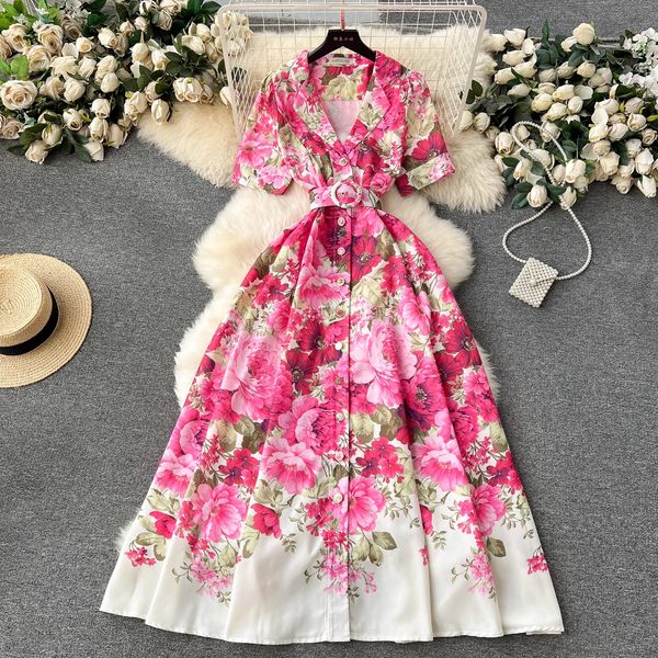 

Basic Casual Women Dresses Summer Runway Beach Dress Womens Notched Collar Short Sleeve Single Breasted Floral Print Belt Long Boho Party Vestidos 2024, Same as picture