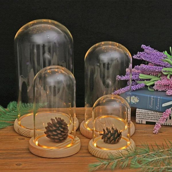Glass Dome Wooden Base Container Tabletop Display Glass Cover Dry Flower Ornaments Craft Dust Bell Jar Terrarium Landscape Vase 240229