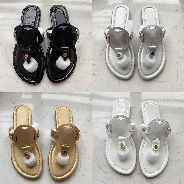 

Designer Metallic Patent Matte Leather Slides Thong Sandals for Women Casual Slip-on Flip Flops in White Black Yellow Pink Silver 35-43 With Box, Patent leather black