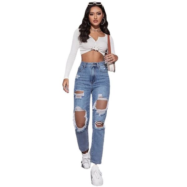 

Ripped jeans new style European and American trend washed ripped high waist straight trousers, Light sky blue