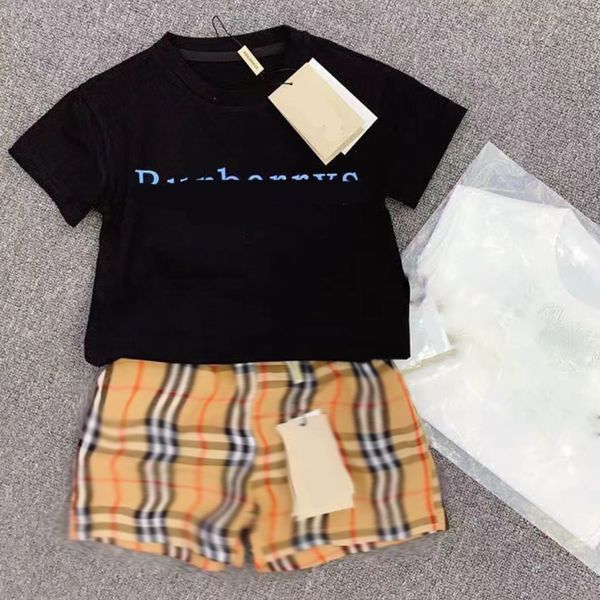 

Children new summer shorts classic plaid short sleeved T-shirt trendy brand men and women western-style outerwear set two-piece set, White