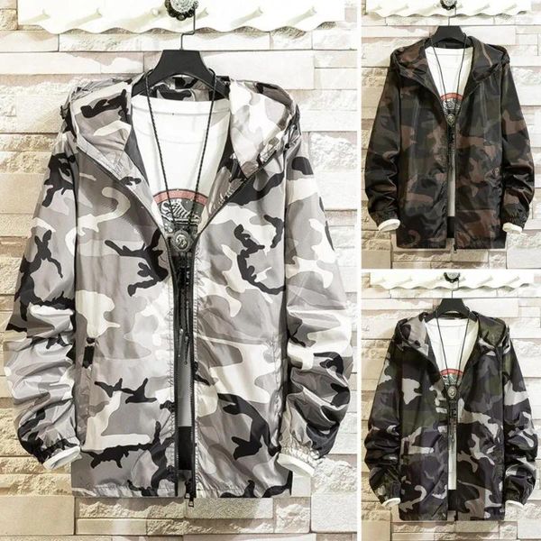 

Mens Jackets Spring Autumn Men Coat Casual Streetwear Camouflage Print Hooded Jacket With Zipper Placket For, Grey