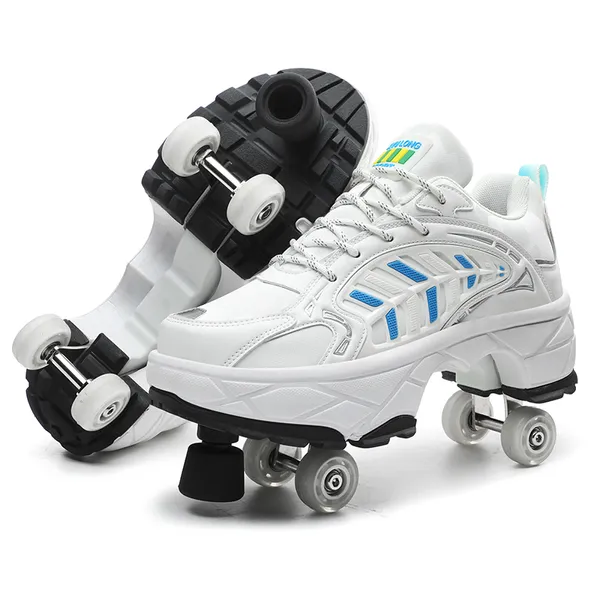 

Four Wheels Rounds Of Running Shoes Double-Row Roller Men's Casual Sneakers Unisex Deform Roller Shoes Skating Shoes, White