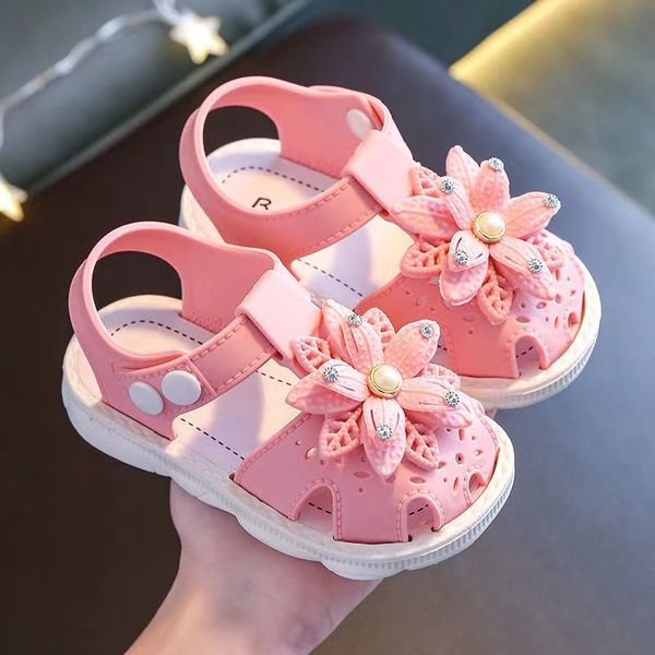 

Summer Closed-Toe Toddler Sand with Flower Pink Soft Sole Non slip Girls Infant Baby Shoes Newborn Fashion Cute PVC 2024 Beach First Walker Outdoor Kids, Pink flower sandals