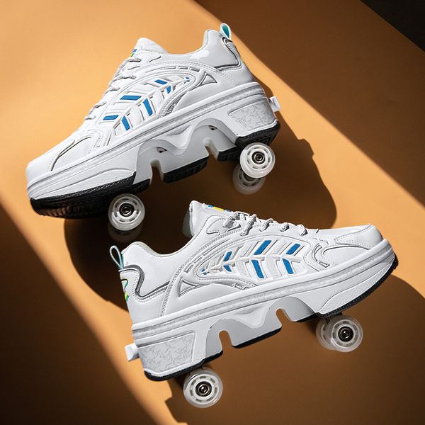 

Led Light Roller Skate Shoes Double-Row Roller Men's Casual Sneakers Unisex Child Deform Wheel Parkour Shoes, White
