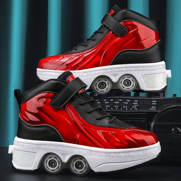 PONERAIT Double-Row Deformation Dual-Use Retractable Roller Skate Shoe Outdoor Casual Fashion Children sneaker Parkour shoe, Red