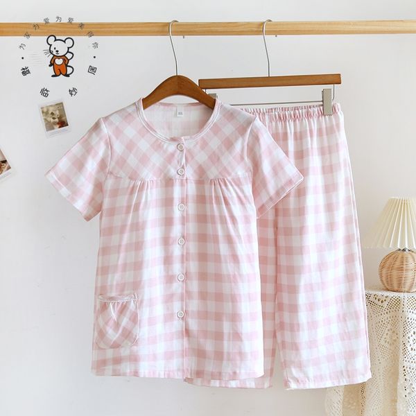 Women's pajamas short sleeved capris pajamas women's summer pure cotton gauze round neck cardigan loose all cotton linen breathable home clothing set, Pink grid
Women's pajamas short sleeved capris pajamas women's summer pure cotton gauze round neck cardigan loose all cotton linen breathable home clothing set, Pink grid