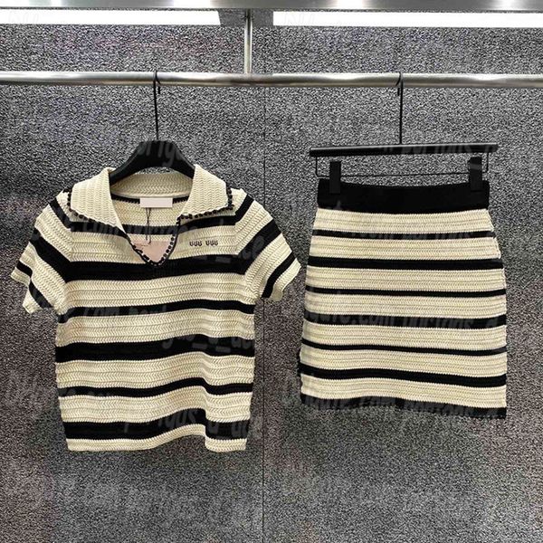 

Luxury Women Dress Knits Set Striped Casual Short Sleeve Skirts Tops Outfits Designer Polo Knitted Dresses Sets, Striped with label #0307