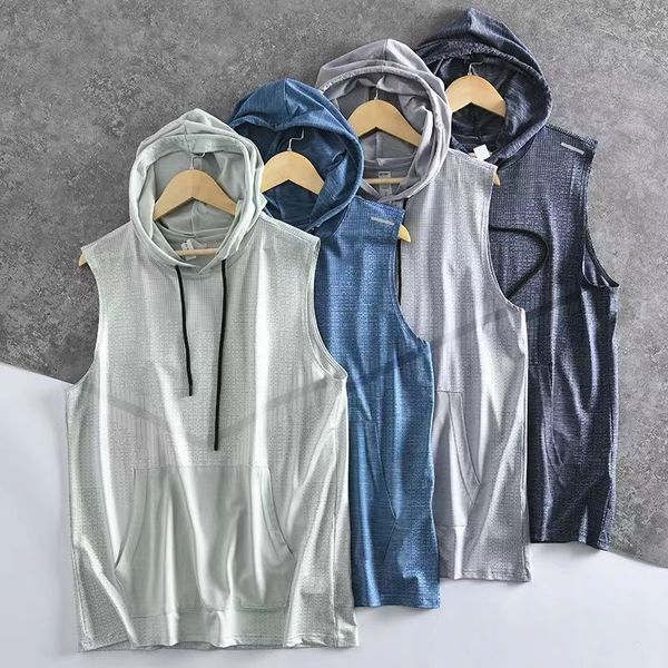 

mens tracksuits tech designer hooded tank top Summer thin vest sleeveless T-Shirts Quick Drying loose sports hooded vests jumper pullover jersey sport tops fitness, Cyan
