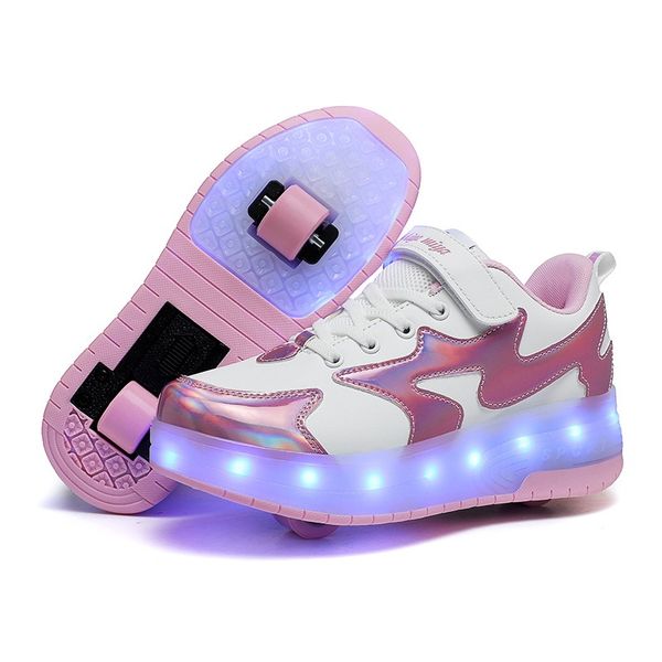 

PONERAIT Two wheels Luminous USB Charging Roller Skate Shoe Outdoor Unisex Sneaker Durable Sport Shoe, Red