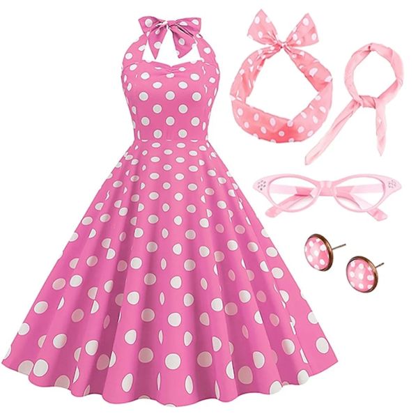 

Women' Rockabilly Dress Polka Dots Swing Flare Dress with Accessories Set Earrings Headband Glasses Dress, Pink
